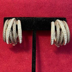 Flashy Silvertone and Crystal Half Moon Clip Earrings